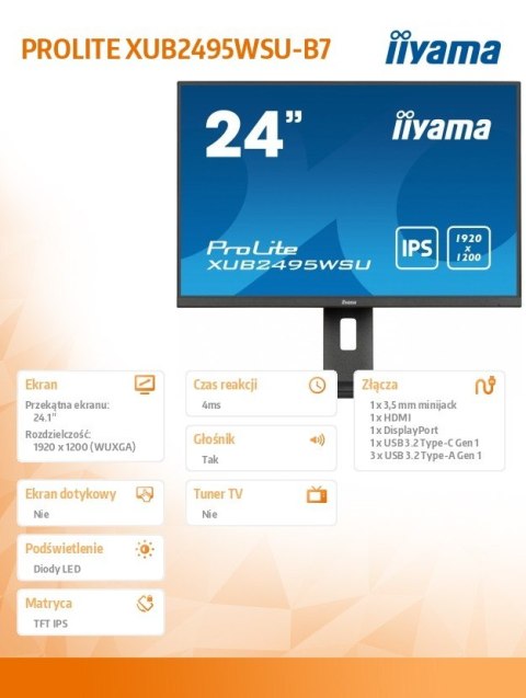 Monitor IIYAMA ProLite XUB2495WSU-B7 24 cale IPS 16:10 FlickerFree HDMI