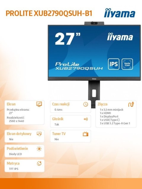 Monitor IIYAMA ProLite XUB2790QSUH-B1 27 QHD IPS z kamerą i mikrofonem