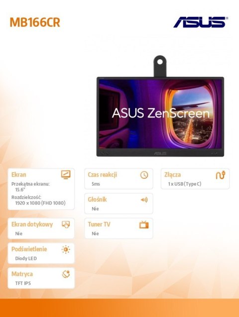 Monitor Asus ZenScreen MB166CR 15.6 FHD przenośny USB-C IPS