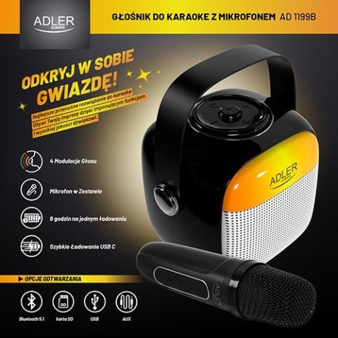 Głośnik karaoke Adler AD1199B z mikrofonem kompaktowy mobilny