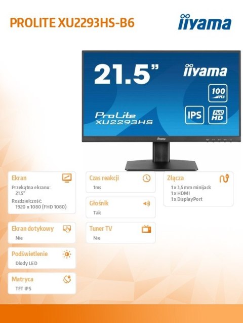 Monitor IIYAMA ProLite XU2293HS-B6 21,5 calowy IPS FHD z HDMI i DP