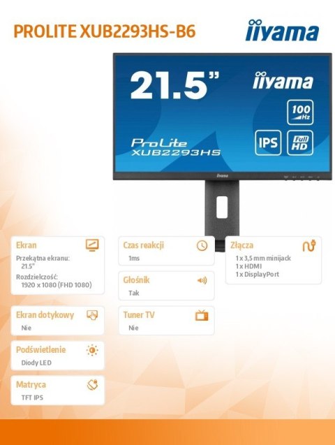 Monitor IIYAMA ProLite XUB2293HS-B6 22 cale IPS FHD z regulacją wysokości