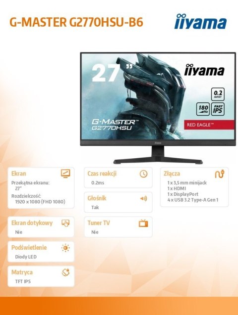 Monitor IIYAMA G2770HSU-B6 27 cali IPS 180Hz 0.2ms FHD z DP HDMI