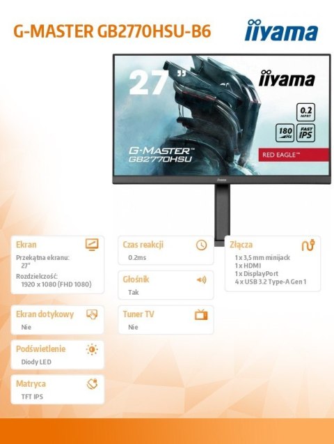 Monitor IIYAMA G-MASTER GB2770HSU-B6 27'' 180Hz szybki IPS