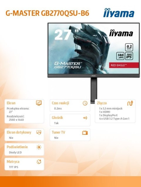 Monitor IIYAMA G-MASTER GB2770QSU 27 IPS 180Hz 0.2ms gaming WQHD