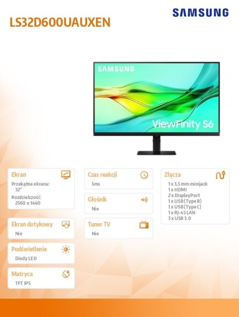 Monitor Samsung ViewFinity S60UD 32 cale QHD 100Hz z USB-C KVM