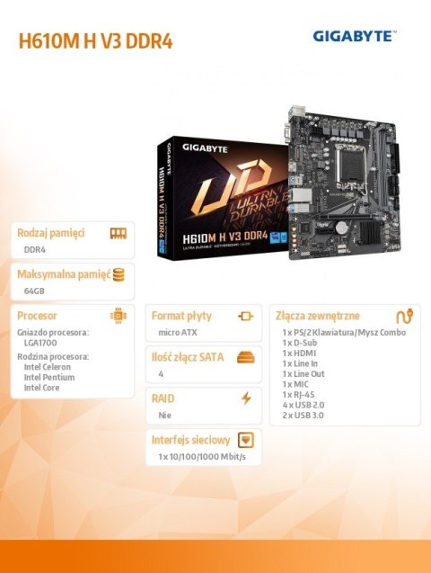 Płyta główna Gigabyte H610M H V3 DDR4 mATX z HDMI i USB