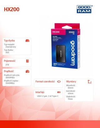 Dysk SSD GOODRAM HX200 2TB USB-C czarny szybki 1600MB/s