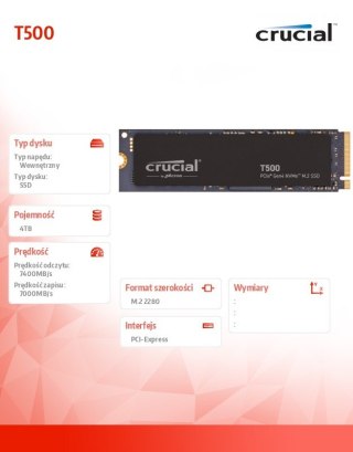 Dysk SSD Crucial T500 4TB M.2 NVMe PCIe 4.0 7000MB/s wydajny