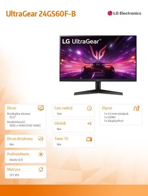Monitor LG UltraGear 24GS60F-B 24 cale IPS FHD 180Hz 1ms HDR10 gaming