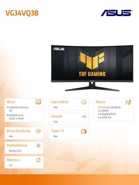 Monitor Asus TUF Gaming VG34VQ3B 34 cale WQHD 180Hz zakrzywiony