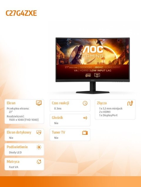 Monitor AOC C27G4ZXE 27 cali zakrzywiony 280Hz Fast VA FHD