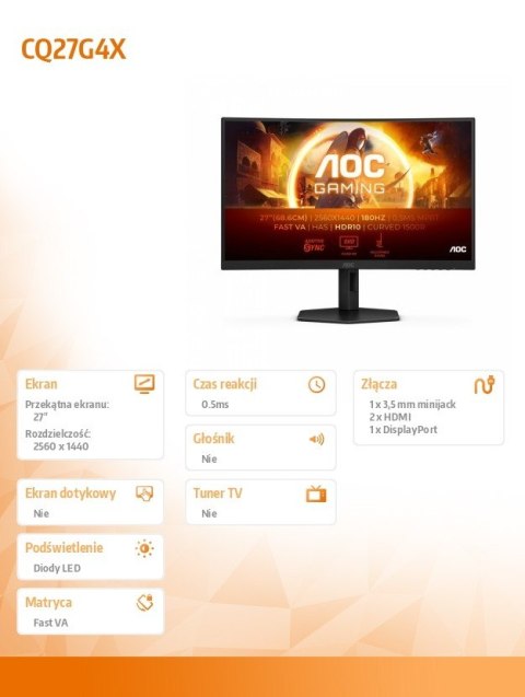 Monitor AOC CQ27G4X 27 cali zakrzywiony Fast VA 180Hz HDMI DP