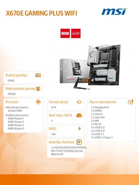 Płyta główna MSI X670E GAMING PLUS WIFI AM5 DDR5 ATX 4x HDMI
