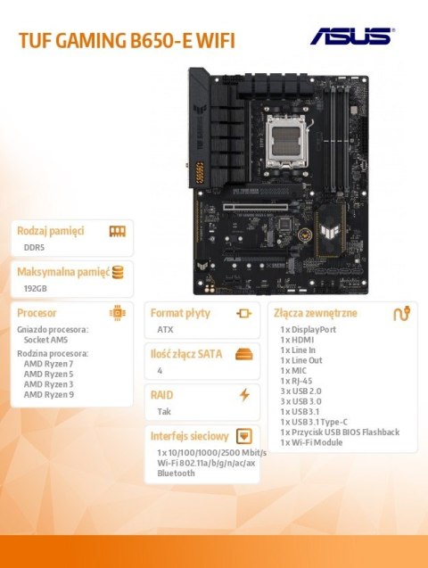 Płyta główna Asus TUF GAMING B650-E WIFI AM5 DDR5 ATX wydajna
