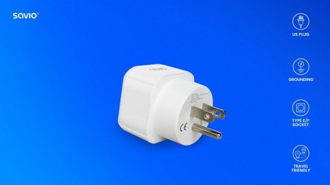 Adapter podróżny Savio AP-03 ultralekki kompaktowy EU US bezpieczny