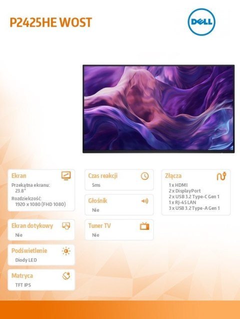 Monitor Dell P2425HE 23.8 FHD IPS bez podstawy z hubem USB-C