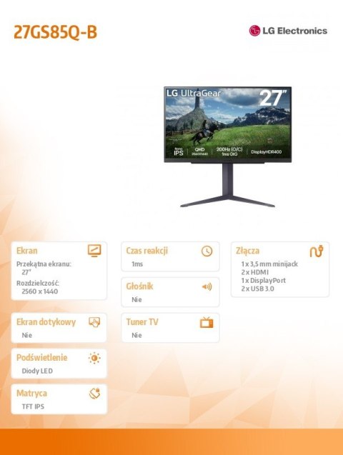 Monitor LG UltraGear 27GS85Q-B 27 QHD IPS 180Hz gamingowy z Pivot