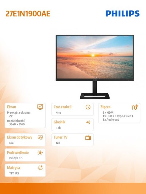 Monitor Philips 27E1N1900AE 27 cali 4K IPS z USB-C i głośnikami