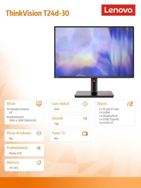 Monitor Lenovo ThinkVision T24d-30 24 calowy IPS matowy rozszerzony