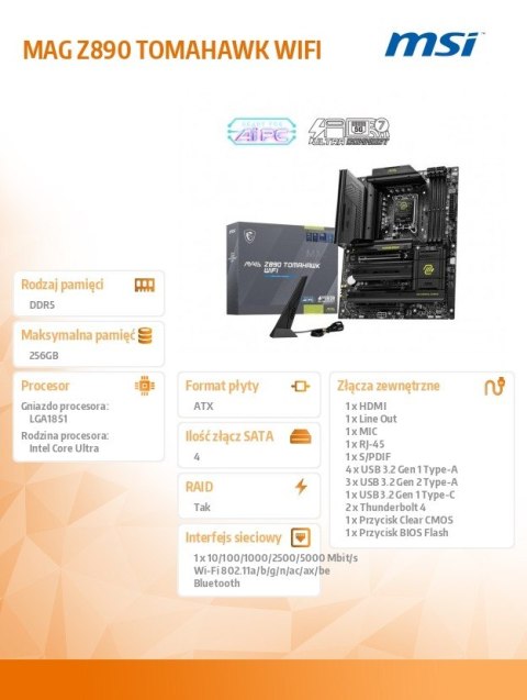 Płyta główna MSI MAG Z890 TOMAHAWK WIFI ATX DDR5 z Thunderbolt 4