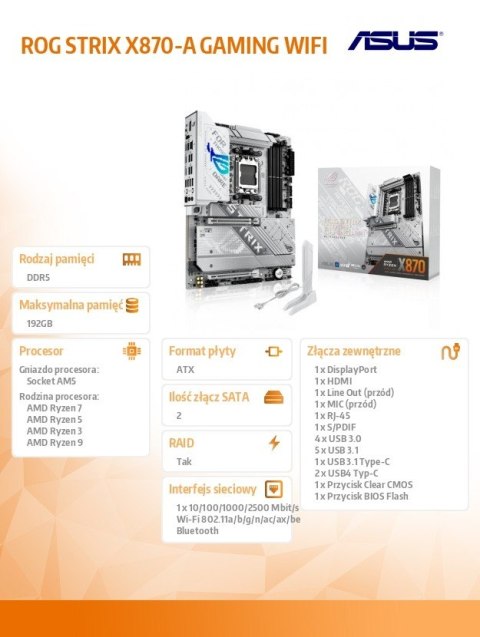 Płyta główna Asus ROG STRIX X870-A GAMING WIFI AM5 DDR5 wydajna