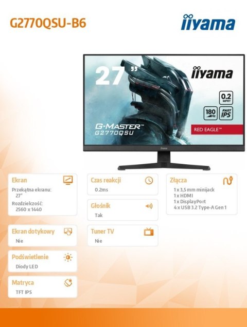 Monitor IIYAMA G2770QSU 27 180Hz 0.2ms WQHD IPS do gier