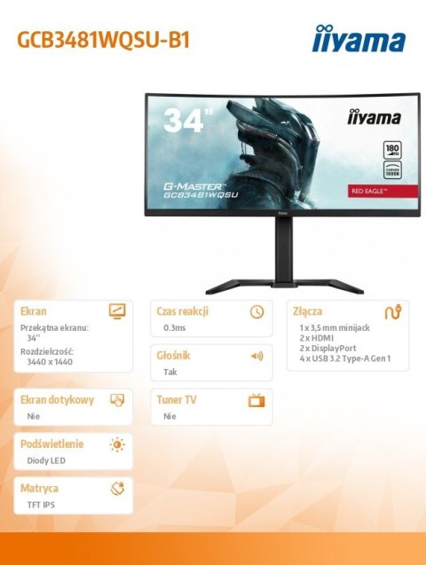 Monitor IIYAMA G-MASTER GCB3481WQSU-B1 34 cale zakrzywiony VA 180Hz FreeSync