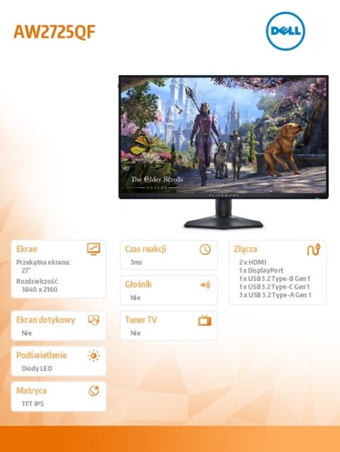 Monitor Dell Alienware AW2725QF 27 4K G-Sync 180Hz IPS