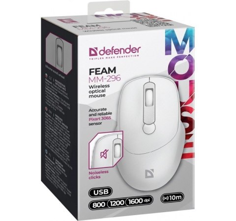 Mysz bezprzewodowa Defender Feam MM-296 RF 1600 DPI cicha ergonomiczna biała