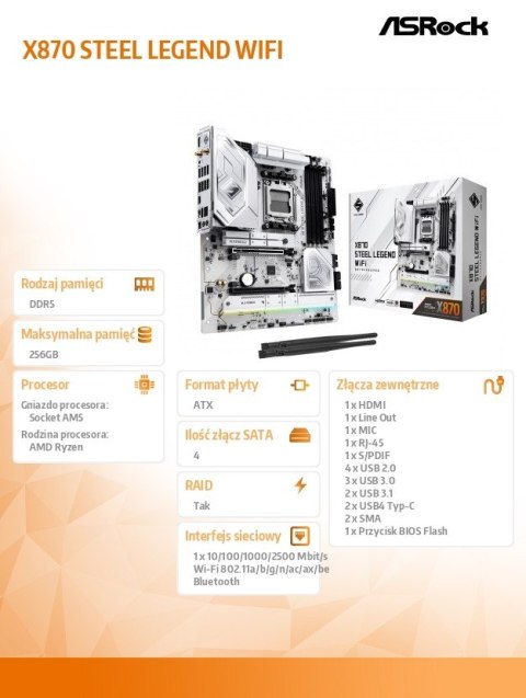 Płyta główna ASRock X870 STEEL LEGEND WIFI AM5 ATX DDR5 z M.2