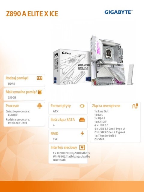 Płyta główna Gigabyte Z890 A ELITE X ICE Intel LGA1851 DDR5 z AI