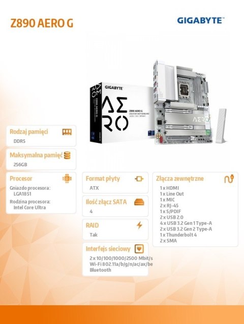Płyta główna Gigabyte Z890 AERO ATX do kreatywnych z procesorem Intel