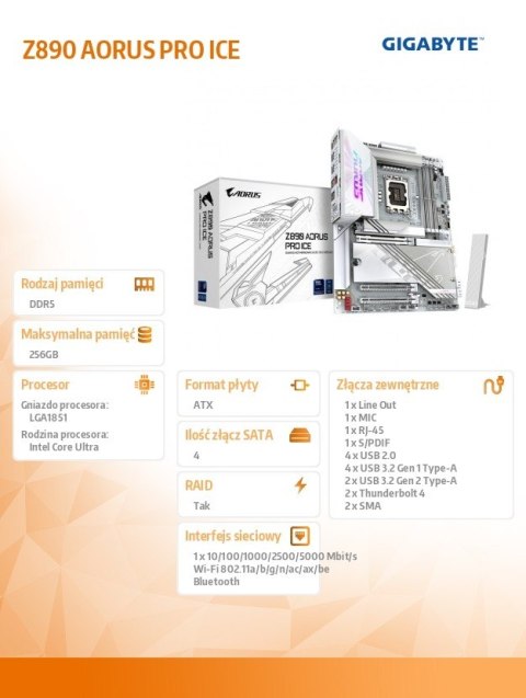 Płyta główna Gigabyte Z890 AORUS PRO ICE dla Intel Core Ultra wydajna