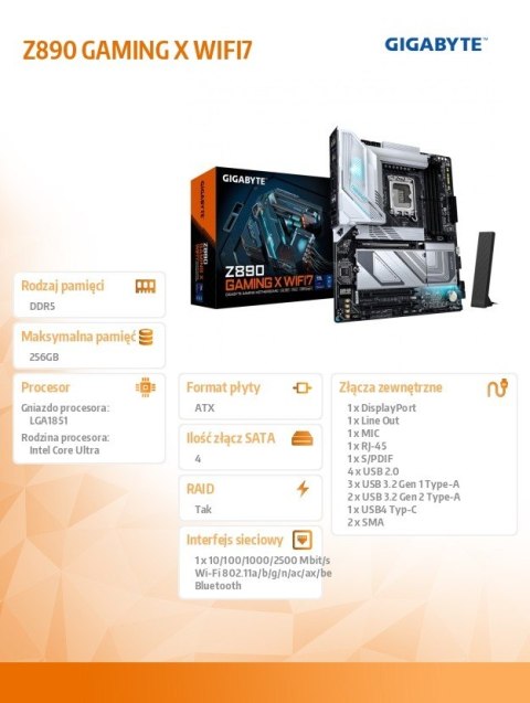 Płyta główna Gigabyte Z890 GAMING X WIFI7 wydajny VRM z WiFi 7