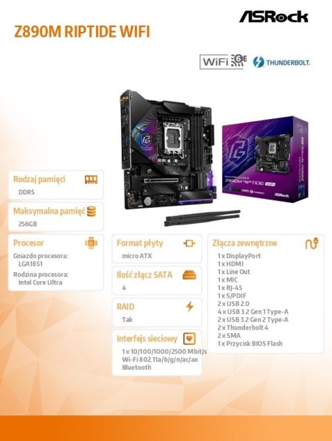 Płyta główna ASRock Z890M RIPTIDE WIFI mATX gamingowa z DDR5