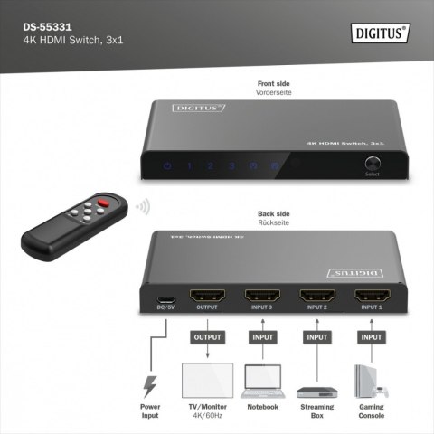 Przełącznik HDMI 4K DIGITUS 3x1 60Hz z pilotem czarny