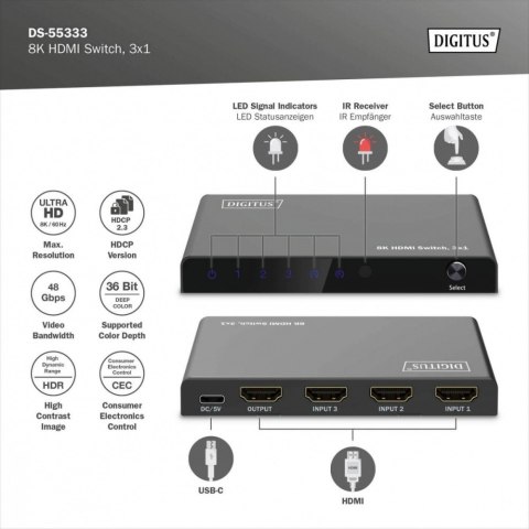 Przełącznik Digitus HDMI 8K 3x1 60Hz HDR metalowy z pilotem czarny