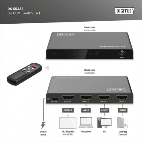 Przełącznik Digitus HDMI 8K 3x1 60Hz HDR metalowy z pilotem czarny