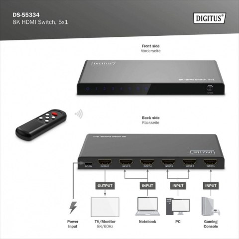 Przełącznik HDMI 8K 5x1 Digitus z pilotem HDR czarny