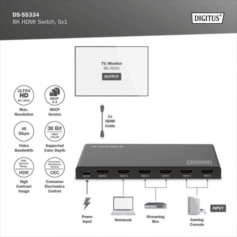 Przełącznik HDMI 8K 5x1 Digitus z pilotem HDR czarny