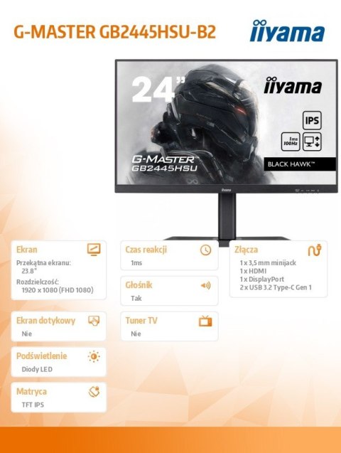 Monitor IIYAMA G-MASTER GB2445HSU-B2 23,8 FHD IPS 100Hz gaming 1ms