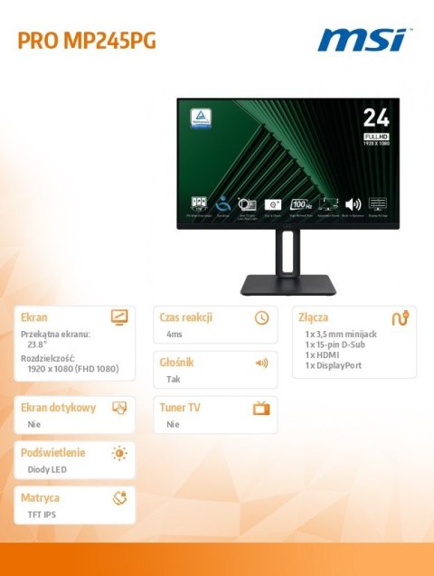 Monitor MSI PRO MP245PG 23.8 FHD LED ergonomiczny 100Hz czarny