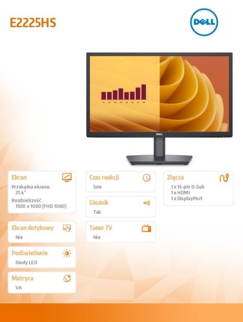 Monitor Dell E2225HS 21.4 LED FHD 75Hz z głośnikami i regulacją