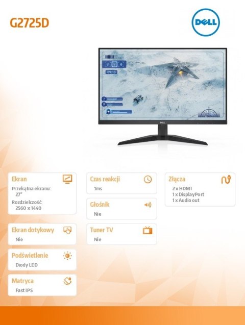 Monitor Dell G2725D 27 QHD 180Hz Fast IPS dla graczy z FreeSync