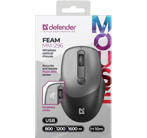 Mysz bezprzewodowa Defender Feam MM-296 RF 1600 DPI cicha szara