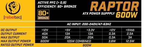 Zasilacz ATX Rebeltec RAPTOR 600W BRONZE 80+ DC-DC cichy wydajny