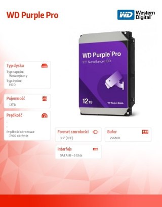 Dysk twardy Western Digital Purple Pro 12TB 3,5 HDD SATAIII wydajny dla AI