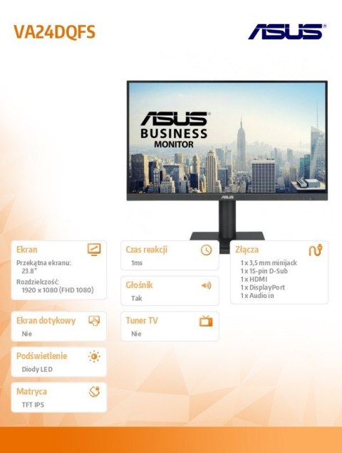 Monitor ASUS VA24DQFS 24 cale FHD 100Hz IPS bezramkowy ergonomiczny
