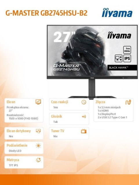 Monitor IIYAMA G-MASTER GB2745HSU-B2 27 cali IPS FHD 100Hz 1ms